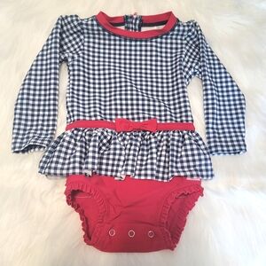Ruffle Butts peplum girls swimsuit, long sleeve one piece red white & blue